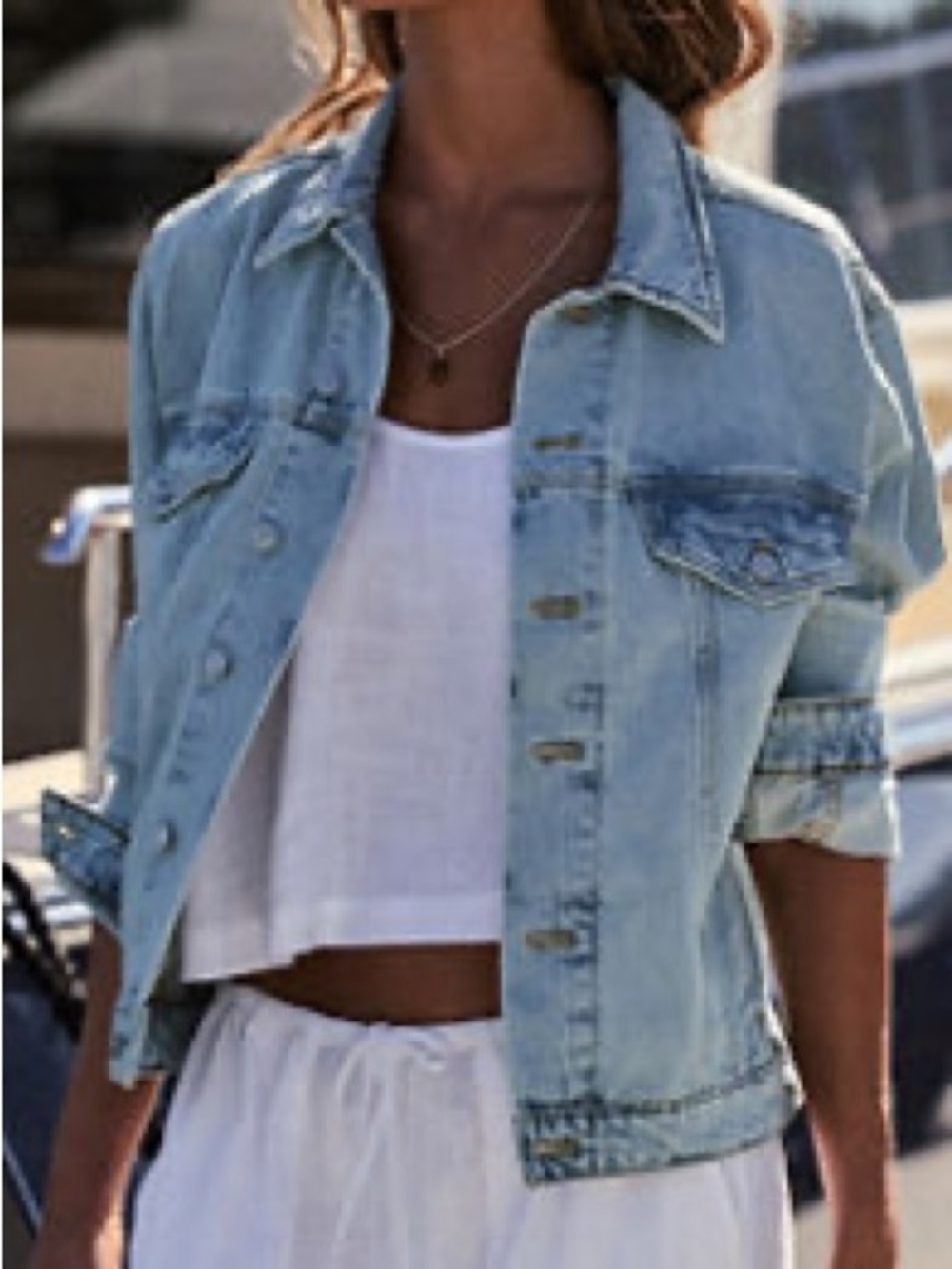 Fabletics Light Blue Denim Jean Jacket - Cropped Button-Front